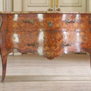 A Louis XV floral marquetry bombe commode with Breccia marble top with an estimate of £8000-£12,000 at Sworders’ auction at Elveden Hall.