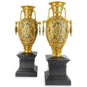 Ferdinand Barbedienne monumental bronze and enamel vases, estimated at $20,000-$80,000, at Akiba Galleries.