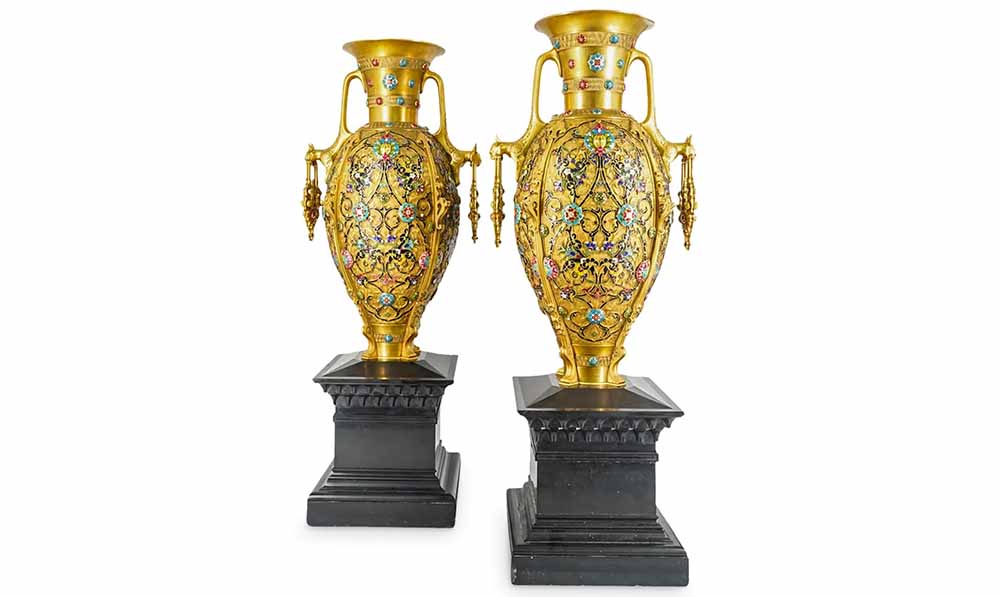 Ferdinand Barbedienne monumental bronze and enamel vases, estimated at $20,000-$80,000, at Akiba Galleries.