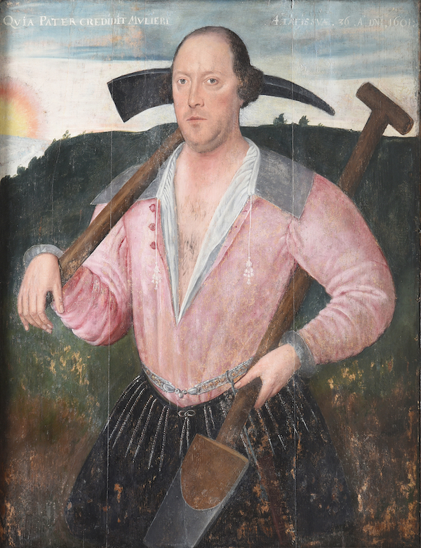 16th-century English School ‘Portrait of a Man with Pickaxe and a Spade in a Landscape,’ estimated at £10,000-£15,000 ($12,700-$19,100). Image courtesy of Dreweatts