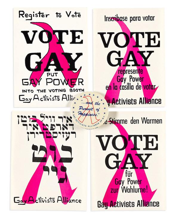 Circa-1970 pinback button and set of Vote Gay fliers distributed by the Gay Activists Alliance, estimated at $1,200-$1,800. Image courtesy of Swann Auction Galleries