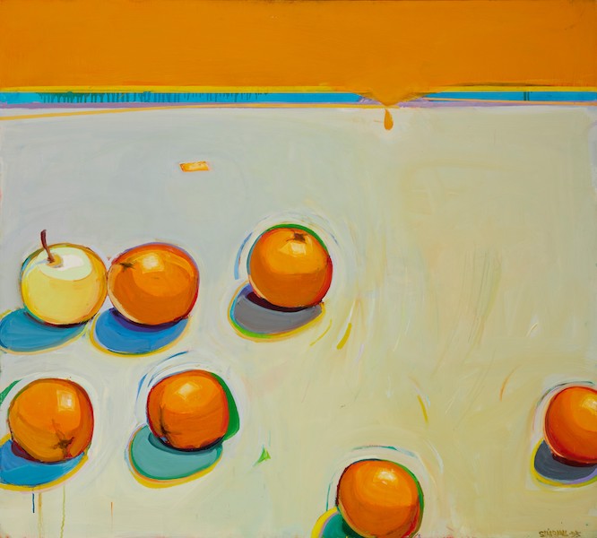 Raimond Staprans, ‘A Study of Down-Rolling Oranges with a Staid Neon Apple,’ estimated at $40,000-$60,000. Image courtesy of John Moran Auctioneers