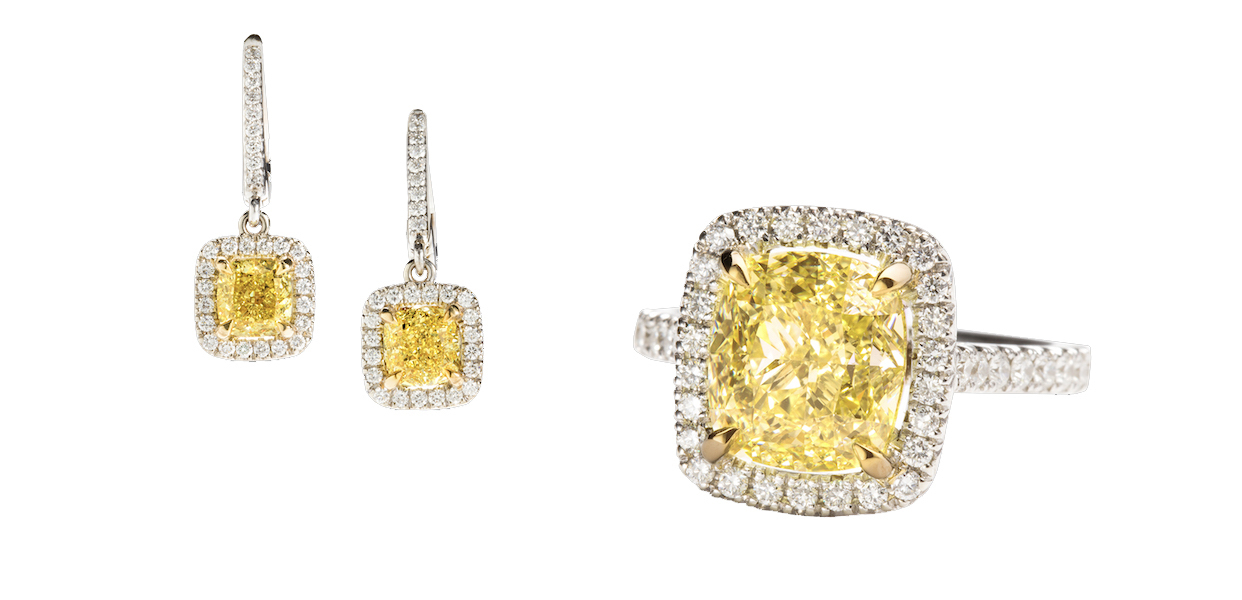 Left, pair of natural fancy intense yellow diamond, diamond and 14K white gold earrings, estimated at $20,000-$40,000; right, natural fancy yellow diamond, diamond and 14K white gold ring, estimated at $50,000-$70,000. Images courtesy of Clars Auction Gallery
