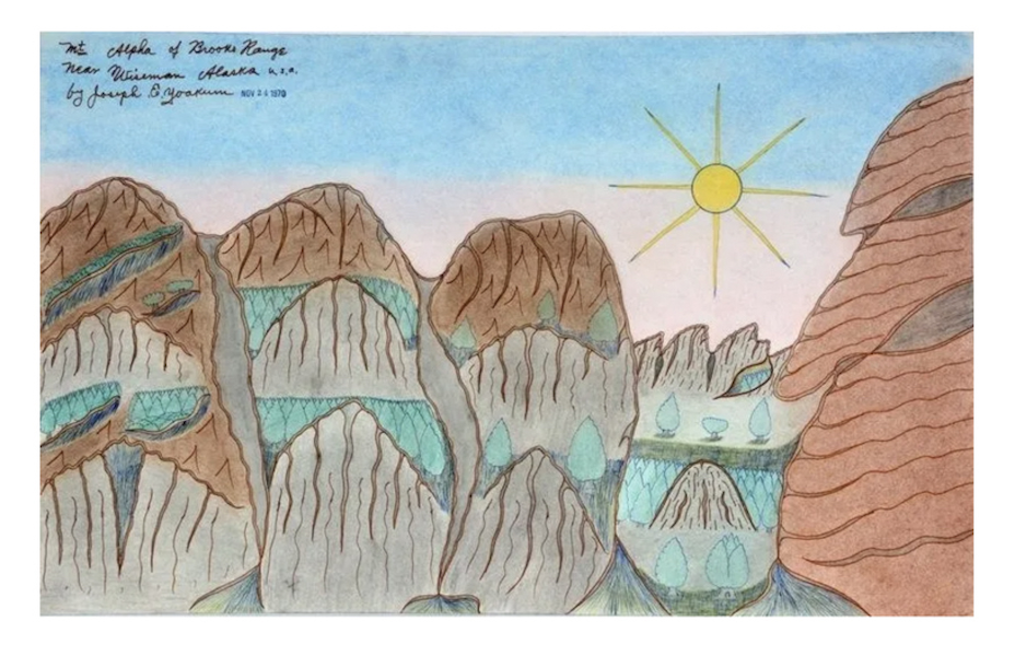 Joseph Yoakum’s view of ‘Mt. Alpha of Brooks Range Near Wiseman, Alaska U.S.A.,’ made $32,000 plus the buyer’s premium in April 2022. Image courtesy of Slotin Folk Art and LiveAuctioneers.