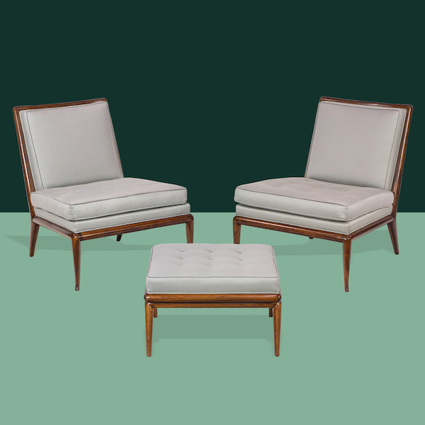 T.H. Robsjohn-Gibbings Slipper lounge chairs and ottoman, estimated at $4,000-$6,000. Image courtesy of Clars Auction Gallery