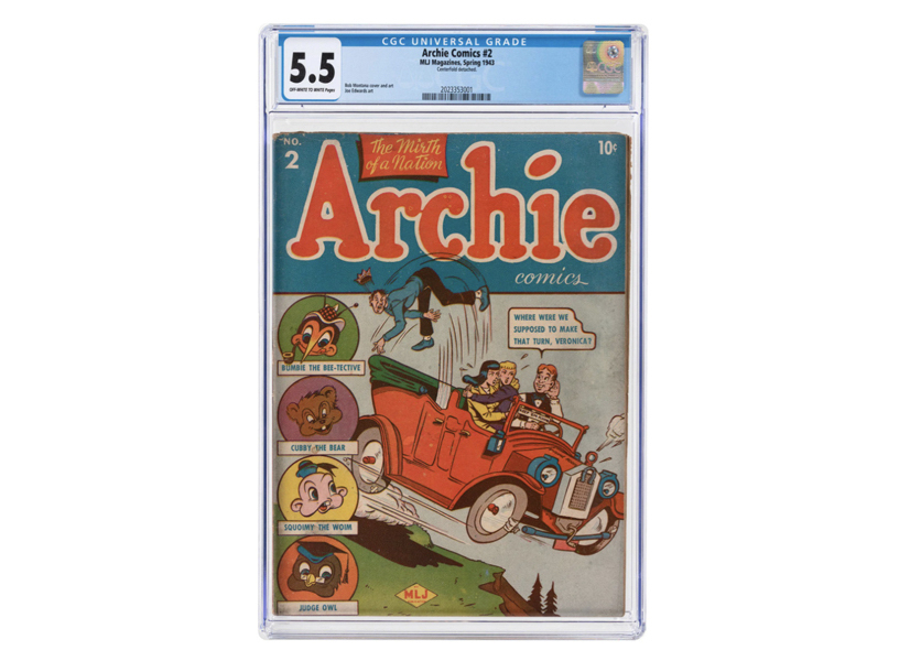 A 5.5-grade copy of Archie Comics #2 (spring 1943), featuring Bob Montana cover art, earned $4,932 including the buyer’s premium in March 2020. Image courtesy of Hake’s Auctions and LiveAuctioneers.