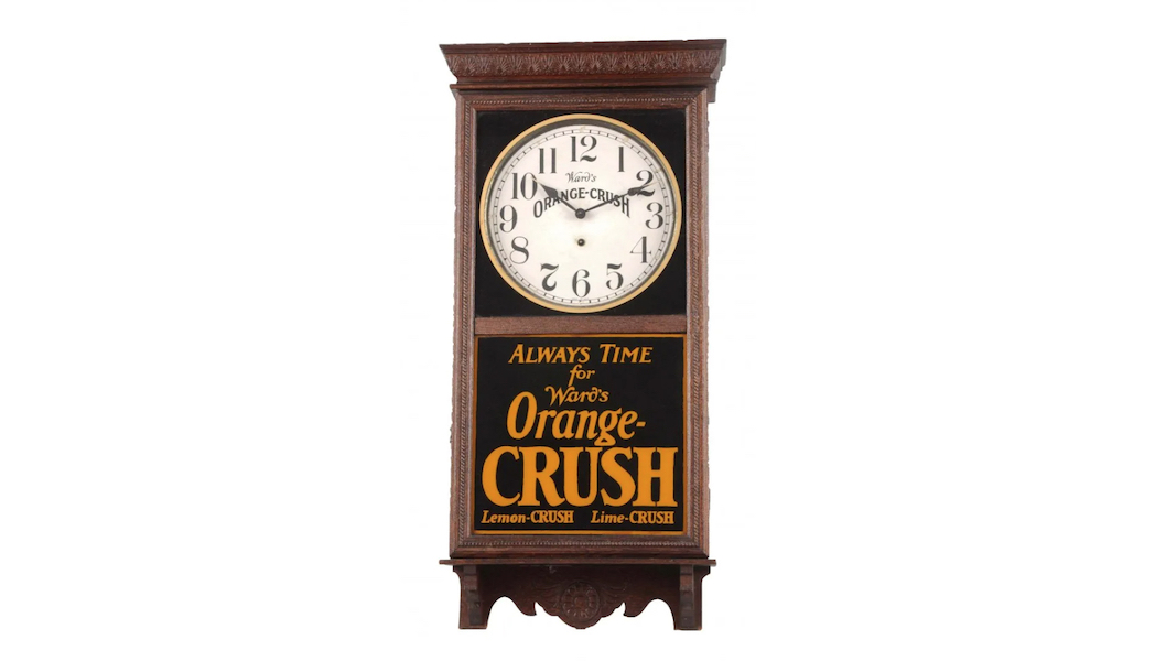 An early Ward’s Orange Crush reverse glass advertising clock realized $3,250 plus the buyer’s premium in October 2016. Image courtesy of Dan Morphy Auctions and LiveAuctioneers.