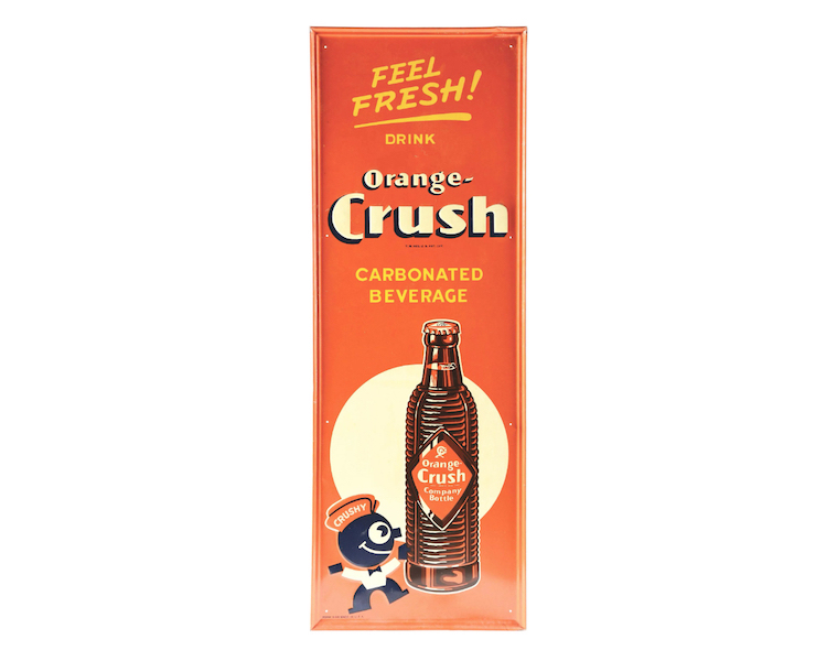 This embossed tin Orange Crush sign has the Crushy mascot on it, adding to its desirability. It made $4,600 plus the buyer’s premium in August 2022. Image courtesy of Dan Morphy Auctions and LiveAuctioneers.