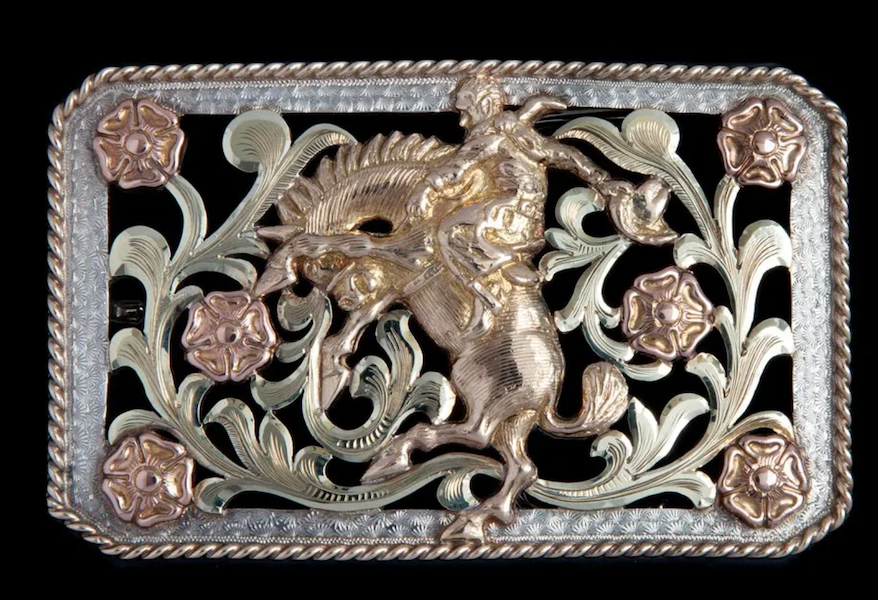 A three-color gold filigree buckle by Edward Bohlin sold for $3,000 plus the buyer’s premium in June 2013. Image courtesy of Brian Lebel’s Old West Events and LiveAuctioneers.
