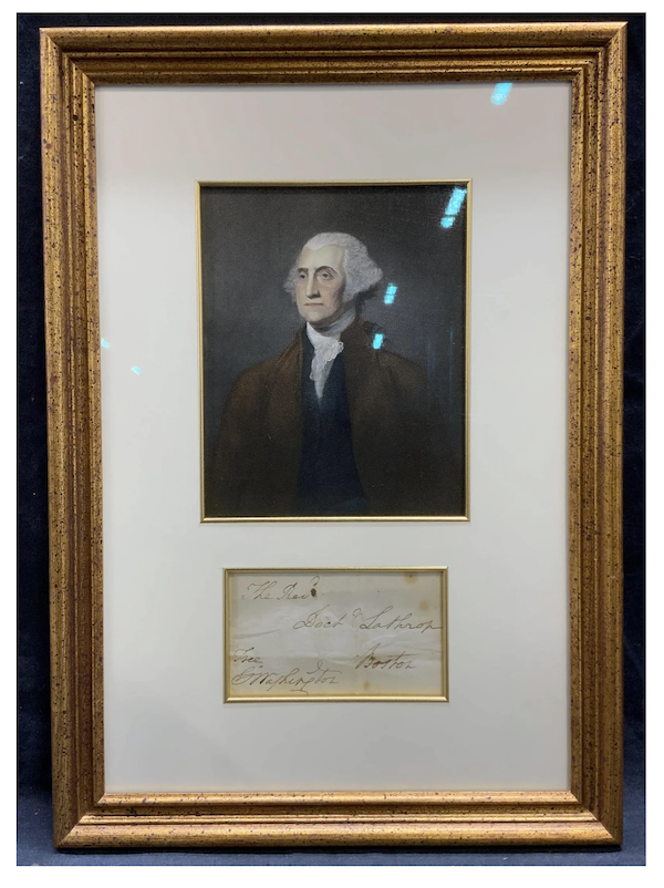 George Washington-signed envelope with hand-colored portrait engraving of Washington, estimated at $1,000-$5,000. Image courtesy of the Benefit Shop Foundation, Inc.