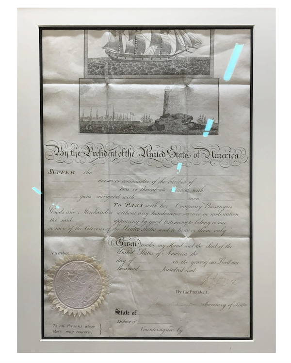 Blank ship’s papers signed by President Thomas Jefferson and Secretary of State James Madison, estimated at $1,000-$5,000. Image courtesy of the Benefit Shop Foundation, Inc.