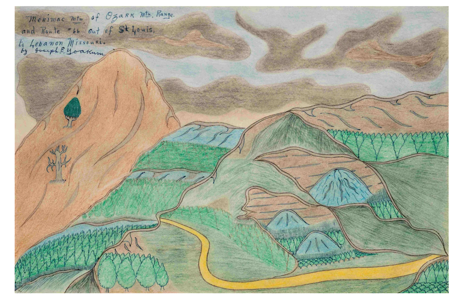 ‘Merimac Mtn of Ozark Mtn Range and Route #66 Out of St. Louis to Lebanon Missouri,’ a signed mixed media on paper by Joseph Yoakum, earned $14,000 plus the buyer’s premium in September 2021. Image courtesy of Hindman and LiveAuctioneers.
