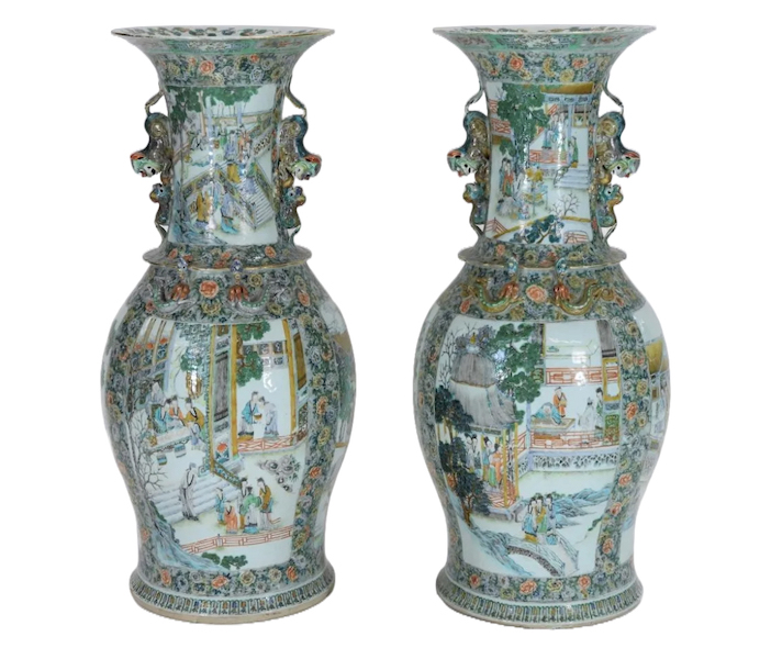 A pair of Chinese famille verte palatial floor vases made $8,000 plus the buyer’s premium in May 2022. Image courtesy of Bruneau & Co. Auctioneers and LiveAuctioneers.
