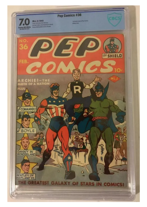 Pep Comics #36 marked Archie’s first cover appearance in this particular comic book series in February 1943. A copy brought $7,000 plus the buyer’s premium in November 2020. Image courtesy of Weiss Auctions and LiveAuctioneers.