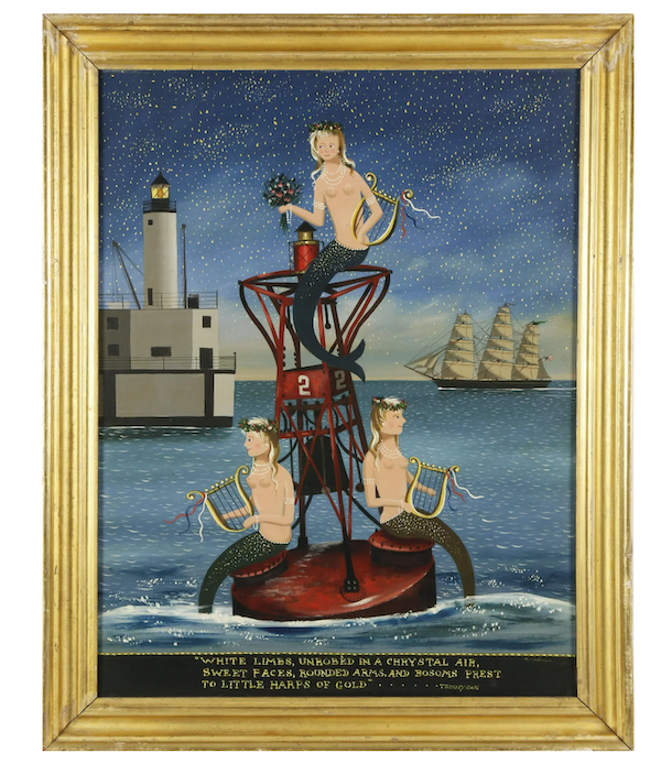 Featuring three mermaids sitting on a buoy, Ralph Cahoon’s ‘The Sea Fairies’ earned $55,000 plus the buyer’s premium in August 2021. Image courtesy of Rafael Osona Auction and LiveAuctioneers.