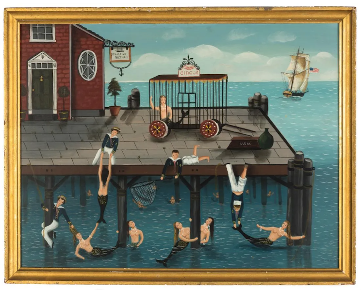 ‘Seaman’s Bethel,’ an oil on Masonite by Ralph Cahoon picturing several humans and mermaids, sold for $28,000 plus the buyer’s premium in September 2018. Image courtesy of Cottone Auctions and LiveAuctioneers.