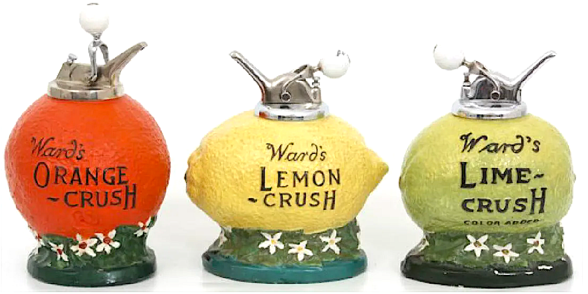 A trio of Ward’s Crush fountain syrup dispensers – one in orange, one in lemon and one in lime – together sold for $2,250 plus the buyer’s premium in March 2017. Image courtesy of Fontaine’s Auction Gallery and LiveAuctioneers.