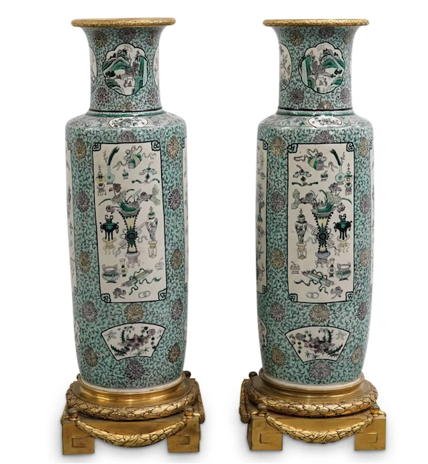 This pair of 19th-century Chinese famille verte palace vases brought $14,000 plus the buyer’s premium in June 2022. Image courtesy of Akiba Galleries and LiveAuctioneers.
