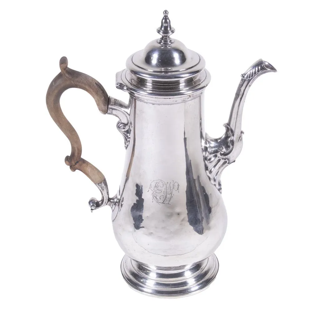 Barnabas Webb coin silver coffee pot sold for $20,000 ($25,000) at Thomaston Place Auction Galleries