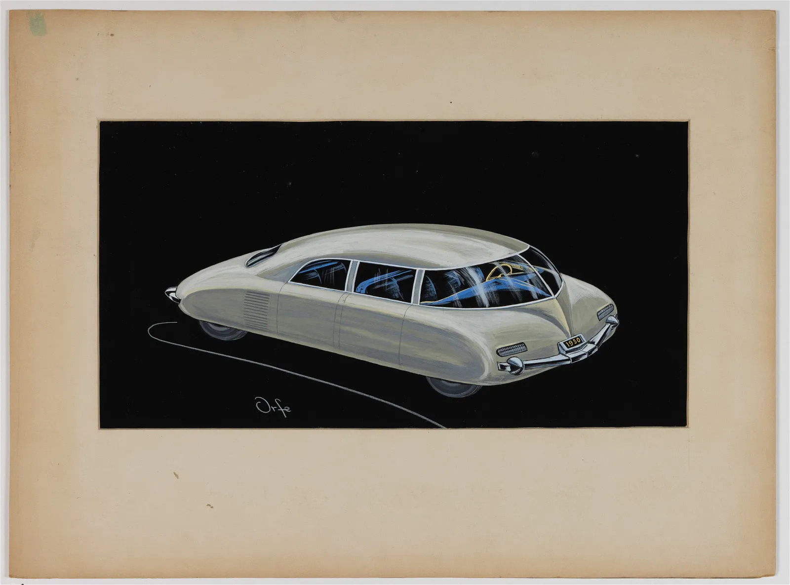 John Orfe watercolour and charcoal on paper of a futuristic sedan, published in The Philadelphia Inquirer in 1946, $1100 at Jeffrey S. Evans.