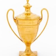 Reed & Barton 14K gold lidded cup, awarded by the Jockey Club in 1973 to the horse Prove Out, estimated at $60,000-$80,000 at Auctions at Showplace.