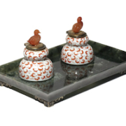 A pair of porcelain inkwells with agate bird finials, sold together with a carved spinach and jade standish, achieved $34,000 plus the buyer’s premium in March 2020. Image courtesy of Butterscotch Auctions and LiveAuctioneers.