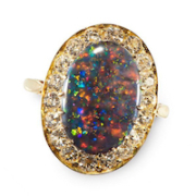 An early 20th-century ring centered on a 3.36-carat black opal surrounded by diamonds achieved £4,000 (roughly $5,200) in March 2021. Image courtesy of Elmwood’s and LiveAuctioneers.
