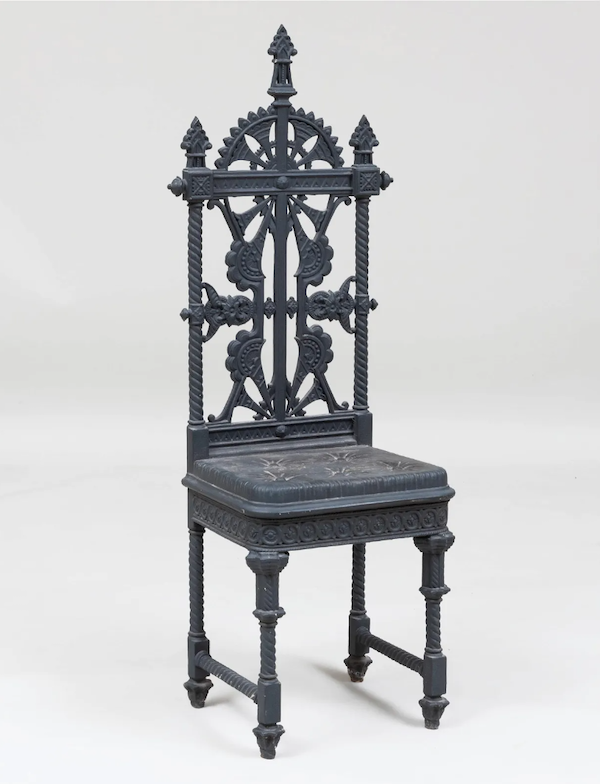 A Christopher Dresser gray-painted cast iron tall back chair far surpassed its high estimate to bring $11,000 plus the buyer’s premium in September 2020. Image courtesy of Stair and LiveAuctioneers.