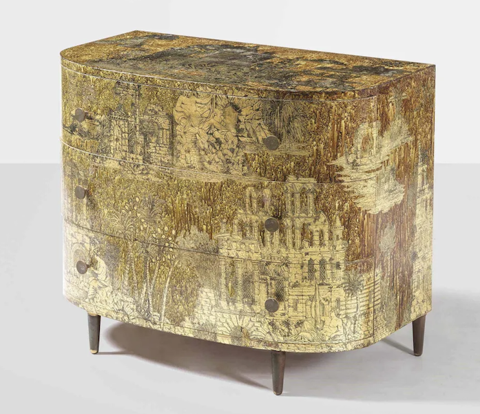 An important Piero Fornasetti chest of drawers made $109,630 plus the buyer’s premium in June 2022. Image courtesy of Cambi Casa D’Aste and LiveAuctioneers.