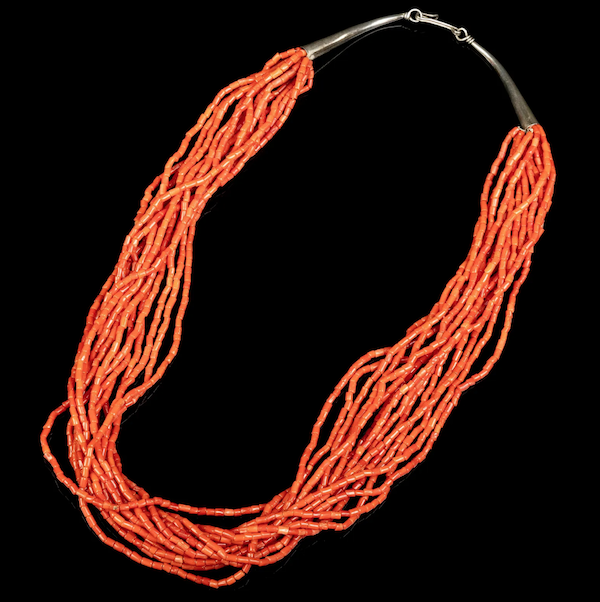 A Charles Loloma 15-strand coral and silver necklace sold for $10,000 plus the buyer’s premium in June 2022. Image courtesy of Santa Fe Art Auction and LiveAuctioneers.