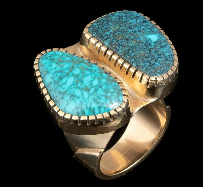 A very modern-looking Charles Loloma piece is this circa-1980 gold and double turquoise ring, which made $18,000 plus the buyer’s premium in June 2022. Image courtesy of Santa Fe Art Auction and LiveAuctioneers.