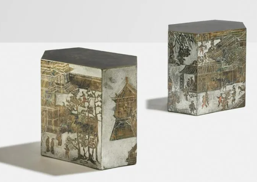 An unusual pair of LaVerne Chan side tables brought €38,000, or $40,808 plus the buyer’s premium in June 2022. Image courtesy of Piasa and LiveAuctioneers.