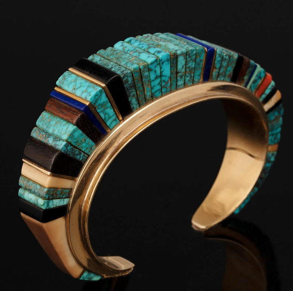 A Charles Loloma canyon-style gold and multi-stone inlay cuff earned $60,000 plus the buyer’s premium in November 2022. Image courtesy of Santa Fe Art Auction and LiveAuctioneers.