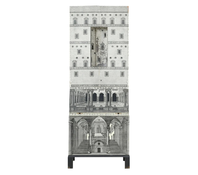 A choice 1970s reissue is this 87in-tall Architettura trumeau, originally designed by Piero Fornasetti in 1951 and made in 1975, which attained $9,750 plus the buyer’s premium in October 2022. Image courtesy of New Orleans Auction Galleries and LiveAuctioneers.