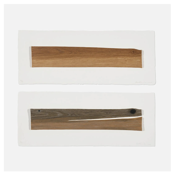 An Ed Ruscha diptych, ‘New Wood, Old Wood,’ sold for $4,500 plus the buyer’s premium in April 2023. Image courtesy of Los Angeles Modern Auctions (LAMA) and LiveAuctioneers.
