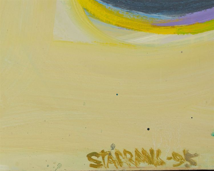 Detail of Raimond Staprans’ 1995 painting ‘A Study of Down-Rolling Oranges with a Staid Neon Apple,’ which achieved $237,500 plus the buyer’s premium. Image courtesy of John Moran Auctioneers and LiveAuctioneers.