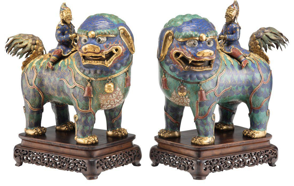 Qianlong cloisonné standing lion dogs with riders, which sold for $140,000 ($175,000 including premium) at Heritage Auctions.