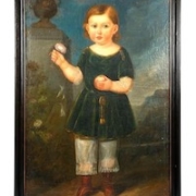 American School portrait of a young child holding a flower and an apple, estimated at $1,200-$1,800 at Turner Auctions + Appraisals.