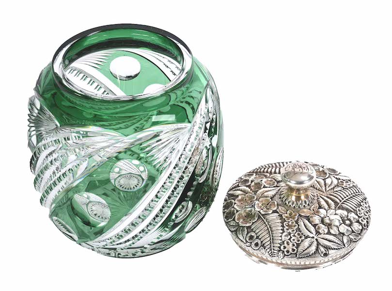 American Brilliant Cut Glass green cut to clear humidor, estimated at $2,000-$3,000 at Woody Auction.