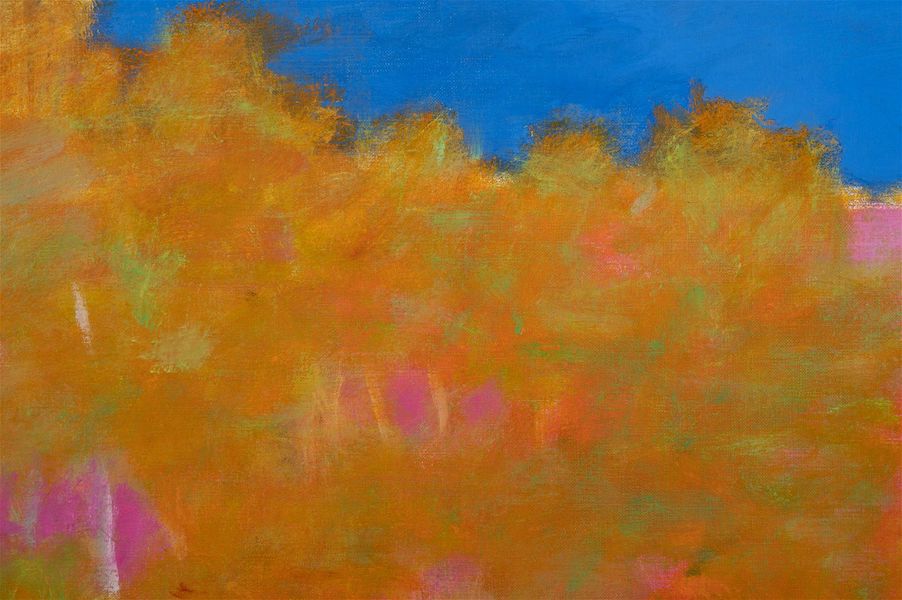 Detail from ‘Against a Dark Blue Sky II,’ a 1998 Wolf Kahn oil on canvas that handily outperformed its high estimate to sell for $90,000 plus the buyer’s premium in May 2022. Image courtesy of Hindman and LiveAuctioneers.