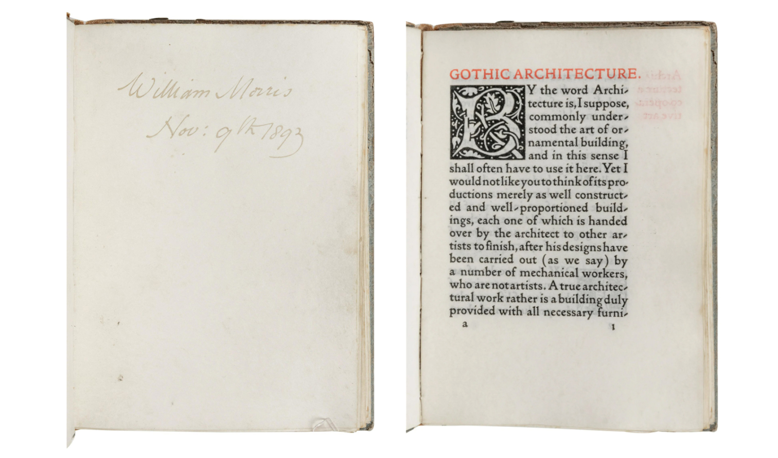 William Morris’s own copy of Gothic Architecture: A Lecture for the Arts and Crafts Exhibition Society, published by Kelmscott Press, made $12,000 plus the buyer’s premium in November 2019. Image courtesy of Hindman and LiveAuctioneers.