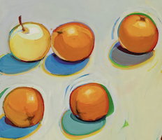 Detail of Raimond Staprans’ 1995 painting ‘A Study of Down-Rolling Oranges with a Staid Neon Apple,’ which achieved $237,500 plus the buyer’s premium. Image courtesy of John Moran Auctioneers and LiveAuctioneers.