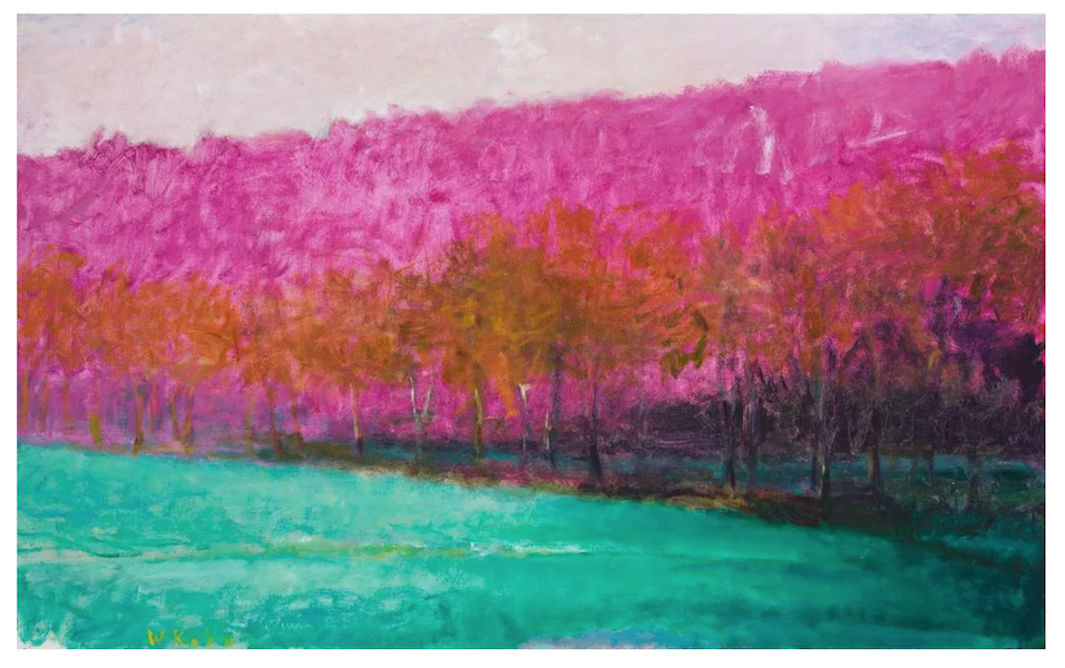 Wolf Kahn’s ‘Against Near Hills, Evening’ is among his most brilliantly colored paintings. Dating to 1991, it achieved $150,000 plus the buyer’s premium in November 2021. Image courtesy of Swann Auction Galleries and LiveAuctioneers.