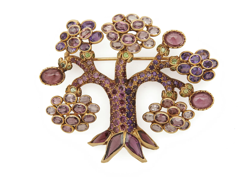 An 18K gold, amethyst and pink tourmaline Cedar Tree brooch from Boivin handily outperformed its estimate to bring $100,000 plus the buyer’s premium in November 2021. Image courtesy of Grogan & Company and LiveAuctioneers.