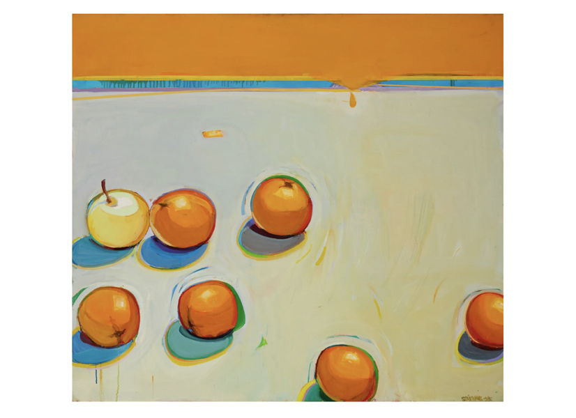 Setting a new auction record for the artist in August 2023 was this 1995 Raimond Staprans painting ‘A Study of Down-Rolling Oranges with a Staid Neon Apple,’ which achieved $237,500 plus the buyer’s premium. Image courtesy of John Moran Auctioneers and LiveAuctioneers.