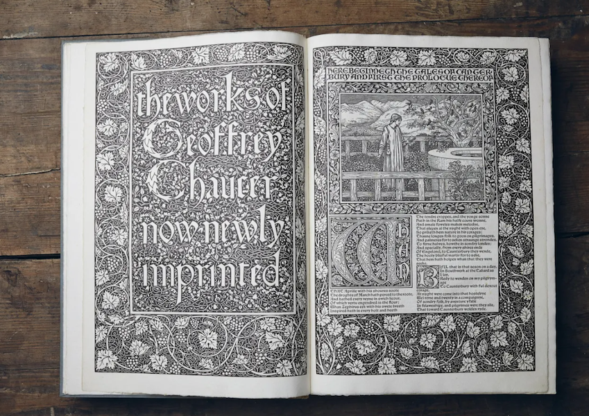 Another interior spread from Kelmscott Press’s The Works of Geoffrey Chaucer, which attained £48,000 ($58,311) plus the buyer’s premium in February 2023. Image courtesy of Lyon & Turnbull and LiveAuctioneers.