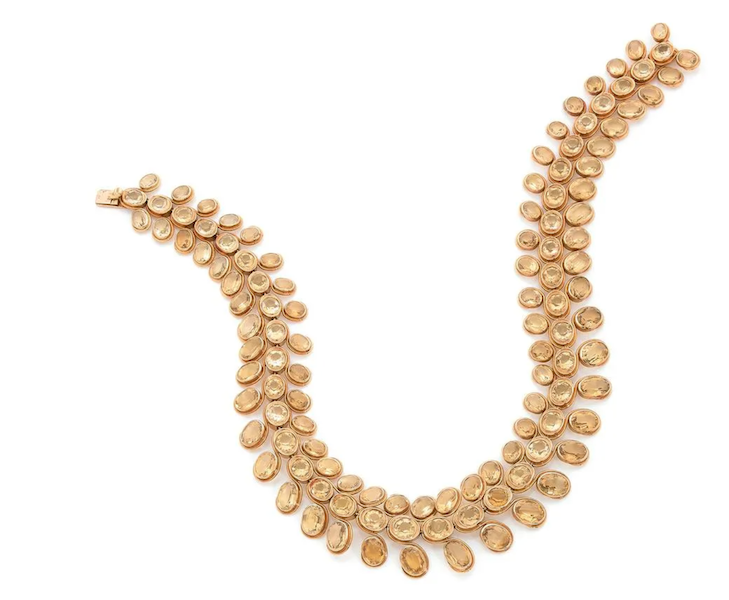 A circa-1935-1945 necklace with articulated citrine and beryl gemstones in 18K pink gold by Boivin earned €58,000 ($61,183) plus the buyer’s premium in July 2021. Image courtesy of Tajan and LiveAuctioneers.