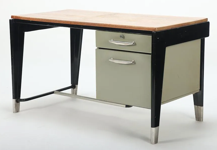 A rare early Jean Prouvé work is this circa-1946 Dacytlo desk in oak, steel and aluminum, which sold for $20,000 plus the buyer’s premium in February 2023. Image courtesy of Kamelot Auctions and LiveAuctioneers.