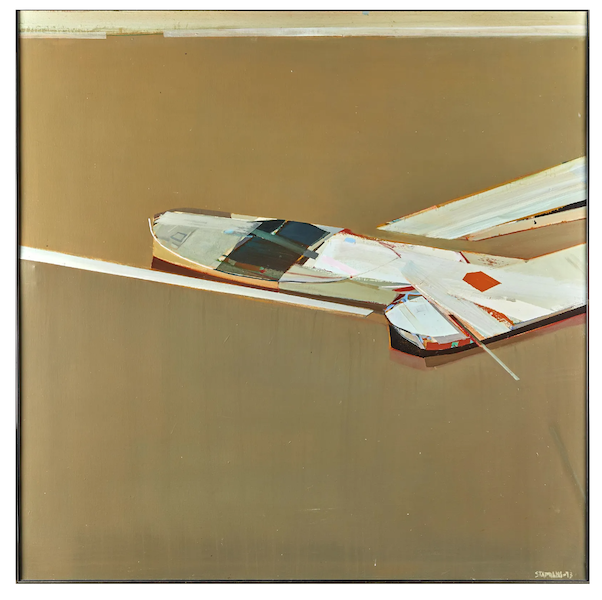 A 1973 Raimonds Staprans work, ‘Gray Boats,’ powered to $75,000 plus the buyer’s premium in November 2021. Image courtesy of Fine Estate, Inc. and LiveAuctioneers.