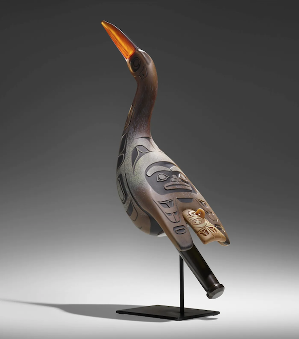 This loon rattle, made by Preston Singletary in 2013, achieved $16,000 plus the buyer’s premium in May 2023. Image courtesy of Rago Arts and Auction Center and LiveAuctioneers.